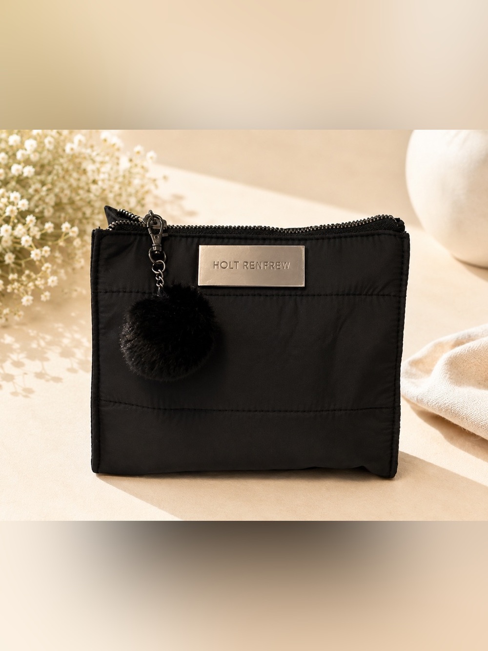 Black Puffer Cosmetic Pouch with Pom Charm